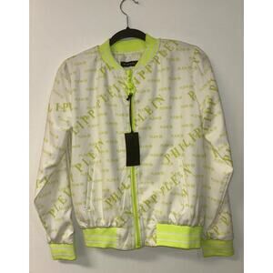 PHILIPP PLEIN Women’s Bomber Jacket  Sz Med NWT Yellow White Logo Designer Auth